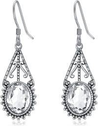wholesale Sterling Silver 10mm Oval Cut Birthstone Oxidized Filigree Dangle Earrings-04-White Crystal