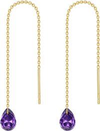 wholesale 14K Solid Gold Birthstone Threader Earrings for Women Dangle Drop Jewelry Gifts-02-February-Amethyst
