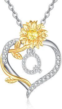 wholesale Gold Plated Sterling Silver Sunflower Letter Heart Pendant Necklace for Women-Letter Q