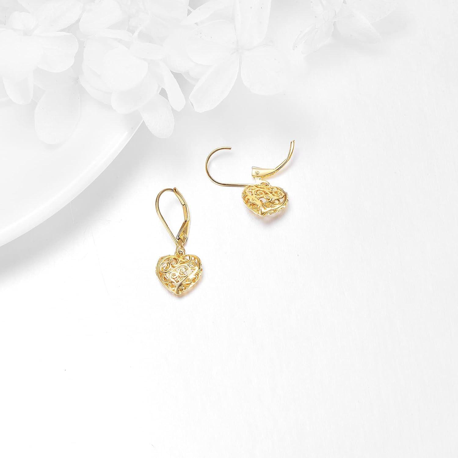 wholesale 14K Gold Heart Filigree Drop Earrings with Leverbacks - Elegant Fine  for Women-0-1