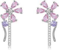 wholesale 925 Sterling Silver Pink & Purple Cubic Zirconia Dragonfly Drop Earrings-Flower-Pink