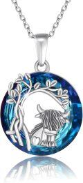wholesale 925 Sterling Silver Blue Crystal Highland Cow Celtic Tree Of Life Pendant Necklace For Women-0-0