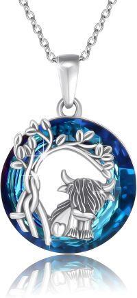 wholesale 925 Sterling Silver Blue Crystal Highland Cow Celtic Tree Of Life Pendant Necklace For Women-Highland Cow Crystal Necklace