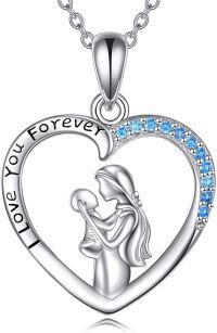 wholesale 925 Sterling Silver Heart Pendant with Love You Forever Inscription and Blue Crystal Accents - Perfect Mothers Day or Birthday Gift for Mom Grandmother-Silver-Mom heart Necklace