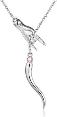 wholesale 925 Sterling Silver Birthstone Italian Horn Hand Necklace Cornicello Mano Cornuto Good Luck Amulet Pendant for Women-10-Oct-Created Pink Sapphire