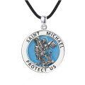 wholesale Copper Saint Michael Protect Us Oxidized Silver Blue Enamel Pendant Necklace-0-0
