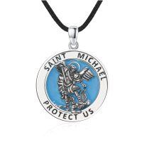 wholesale Copper Saint Michael Protect Us Oxidized Silver Blue Enamel Pendant Necklace-11j-St Michael-Leather Chain-11j-St Michael-Leather Chain