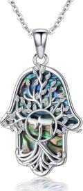 wholesale 925 Sterling Silver Tree of Life Abalone Shell Hamsa Hand Pendant Necklace-0-0
