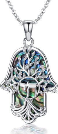 wholesale 925 Sterling Silver Tree of Life Abalone Shell Hamsa Hand Pendant Necklace-Chai