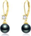 wholesale 925 Sterling Silver with Black Tahitian Pearl and Cubic Zirconia Drop Leverback Earrings for Women-0-0