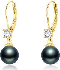 wholesale 925 Sterling Silver with Black Tahitian Pearl and Cubic Zirconia Drop Leverback Earrings for Women-Gold