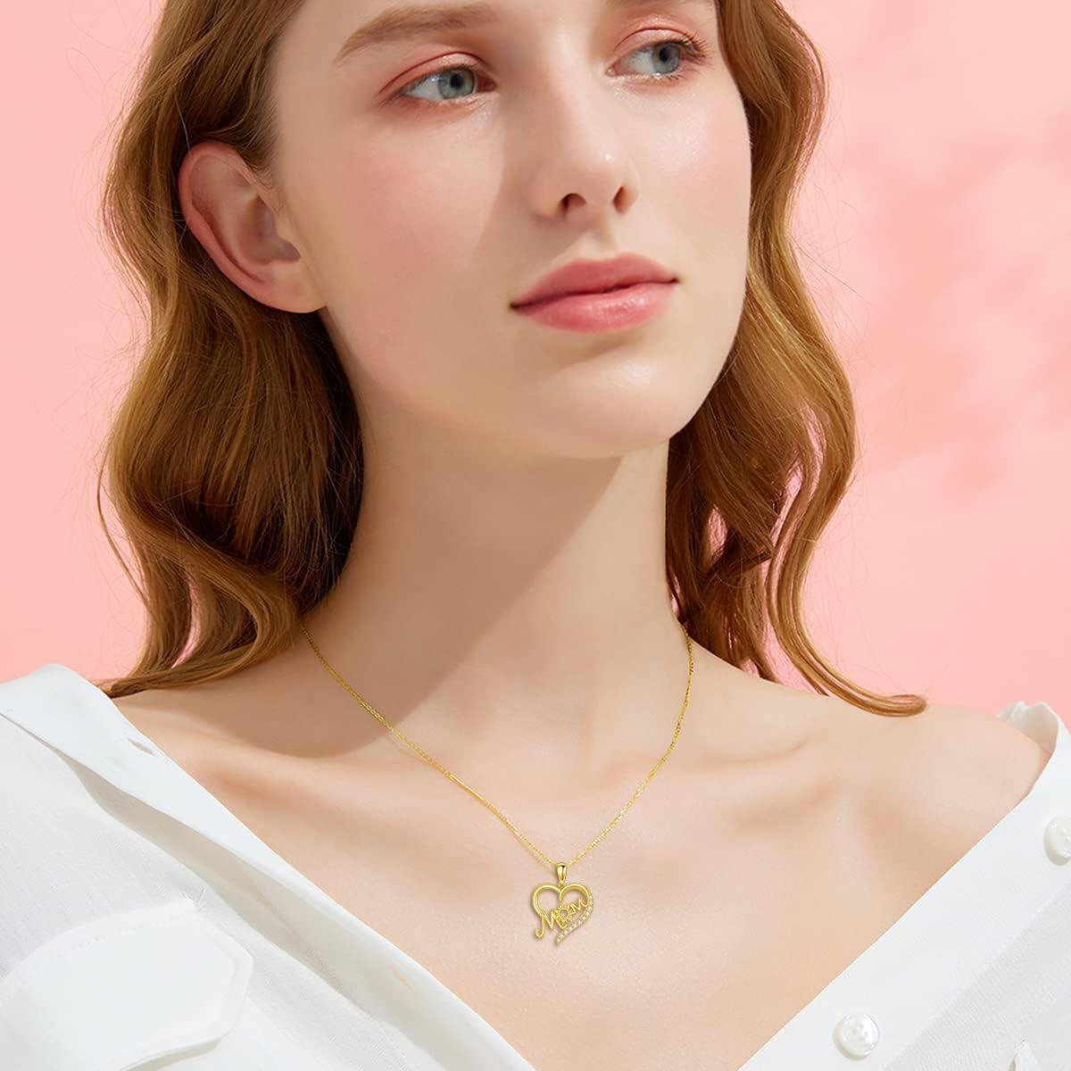 wholesale 14K Gold Mom Heart Pendant Necklace with Cubic Zirconia - Mother's Day Gift for Mom/Wife/Friend/Her-0-1