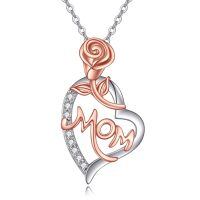 wholesale 925 Sterling Silver Mom Heart Rose Pendant Necklace With Cubic Zirconia For Women-Rose 1