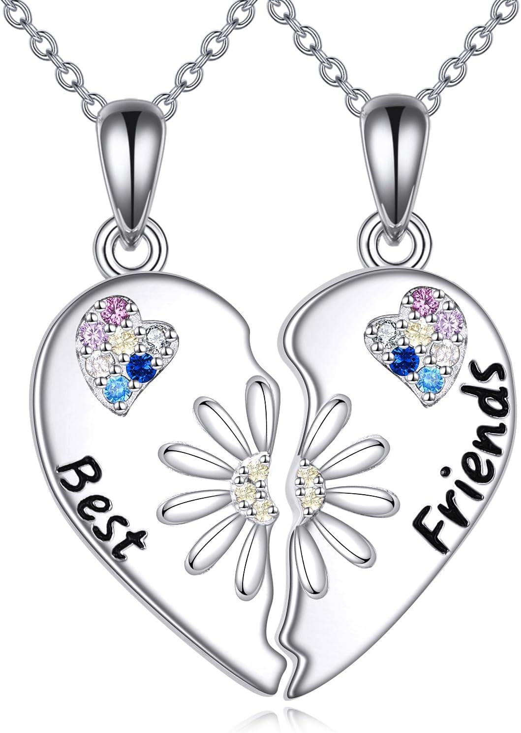 Sterling Silver Couples BFF Necklace w Cross Yin Yang Sun Moon Mountain Wave Pendant-Daisy