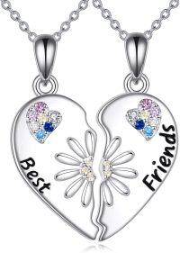 wholesale 925 Sterling Silver Best Friends Daisy Heart Matching Necklaces with Cubic Zirconia and Engraved Message for Women Girls (Set of 2)-Daisy