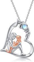 wholesale 925 Sterling Silver Heart-shaped Mother and Child Pendant with Moonstone Necklace-0-0