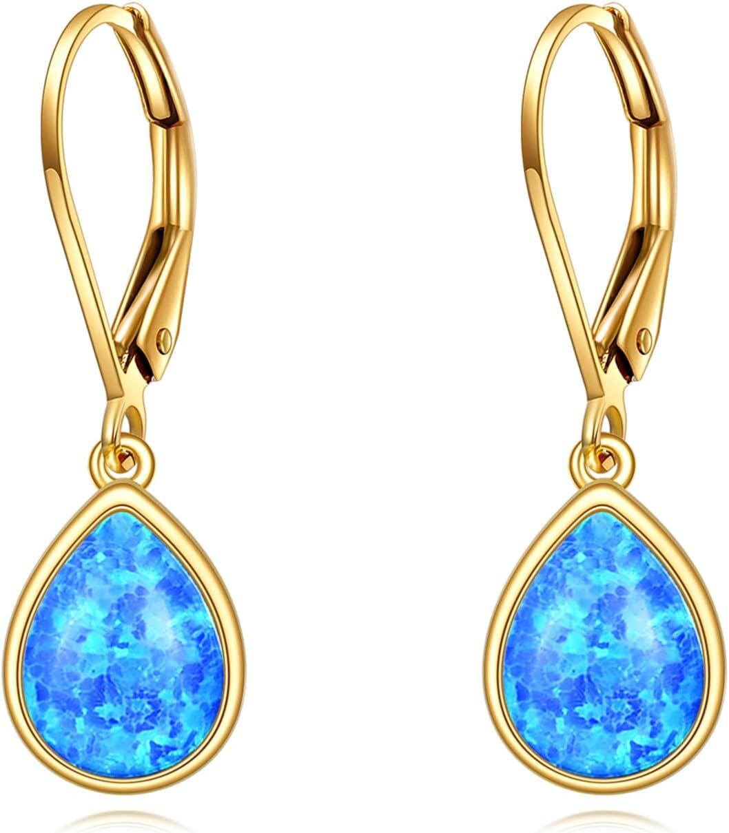 14K Gold Lapis Lazuli Opal Amber Teardrop Leverback Earrings for Women-14k gold-blue opal