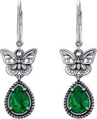 wholesale Sterling Silver Butterfly Earrings with Austrian Simulated Birthstone Crystals Vintage Retro Oxidized Dangle Drop Jewelry Gifts for Women-Emerald Green