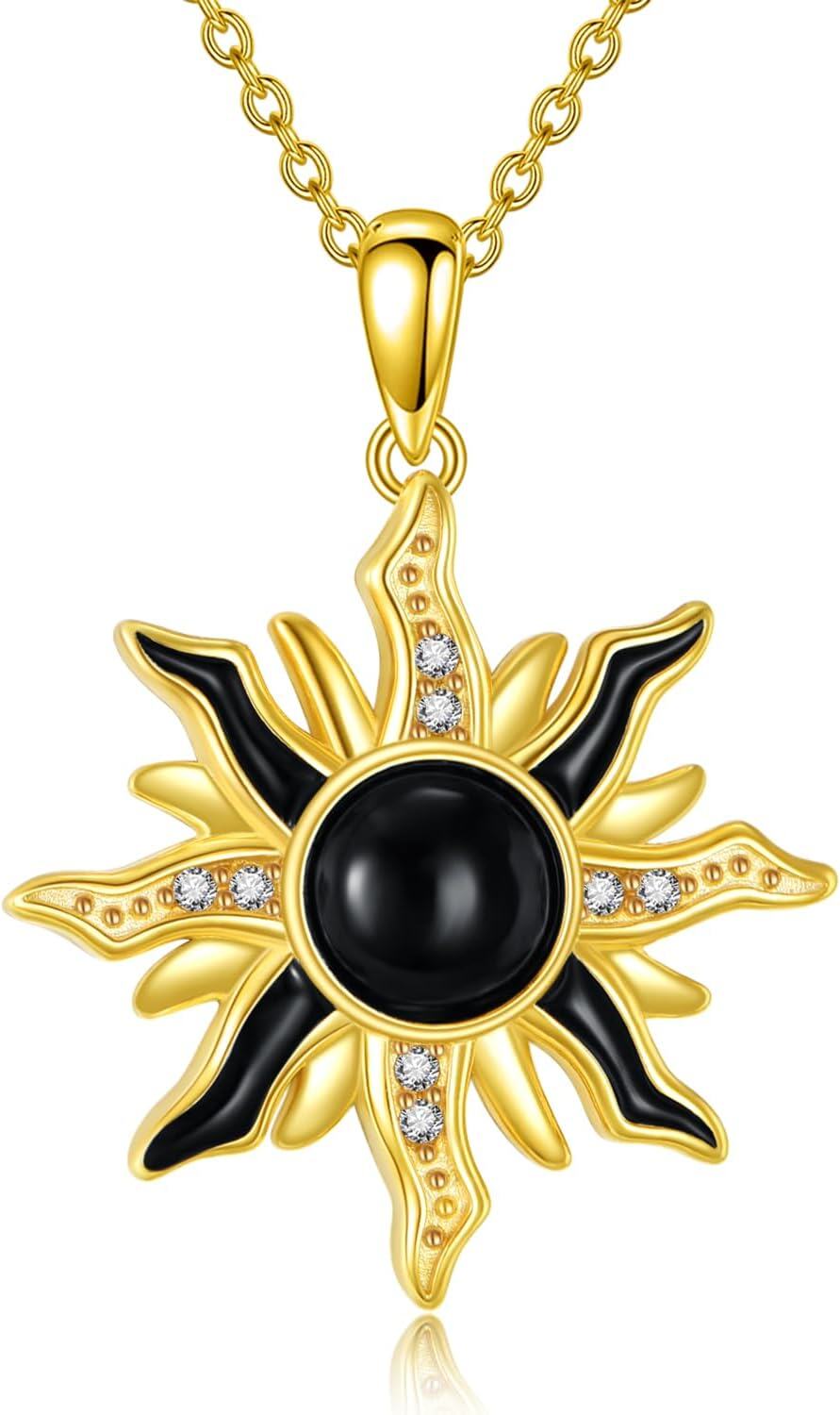 wholesale 925 Sterling Silver Black Onyx and Cubic Zirconia Sun Pendant Necklace for Women's Fashion s-0-0