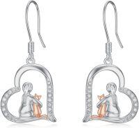 wholesale 925 Sterling Silver Heart-Shaped Girl and Cat Drop Earrings for Women-Cat