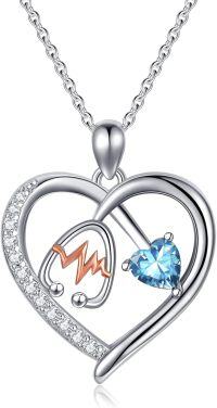 wholesale Sterling Silver Gemstone Heart Stethoscope Pendant Necklace for Women-A3:March-Aquamarine