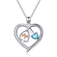 wholesale 925 Sterling Silver Gemstone Heart Stethoscope Pendant Necklace for Women-A3:March-Aquamarine