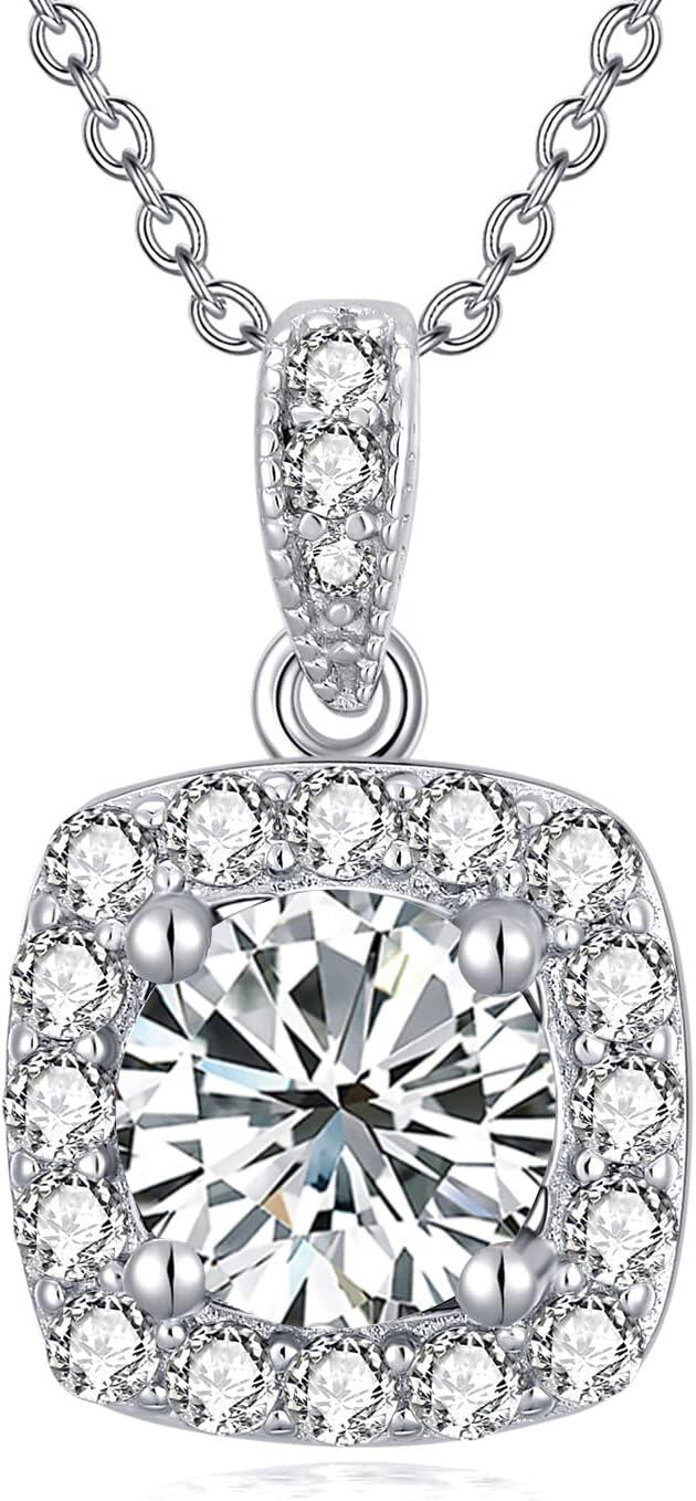 18K White Gold Plated Silver Moissanite 1ct D Color Round Halo Pendant Necklace 18+2 -Style 1