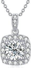 wholesale White Gold Plated 925 Sterling Silver Square Halo Cubic Zirconia Pendant Necklace with Chain (18+2)-0-0