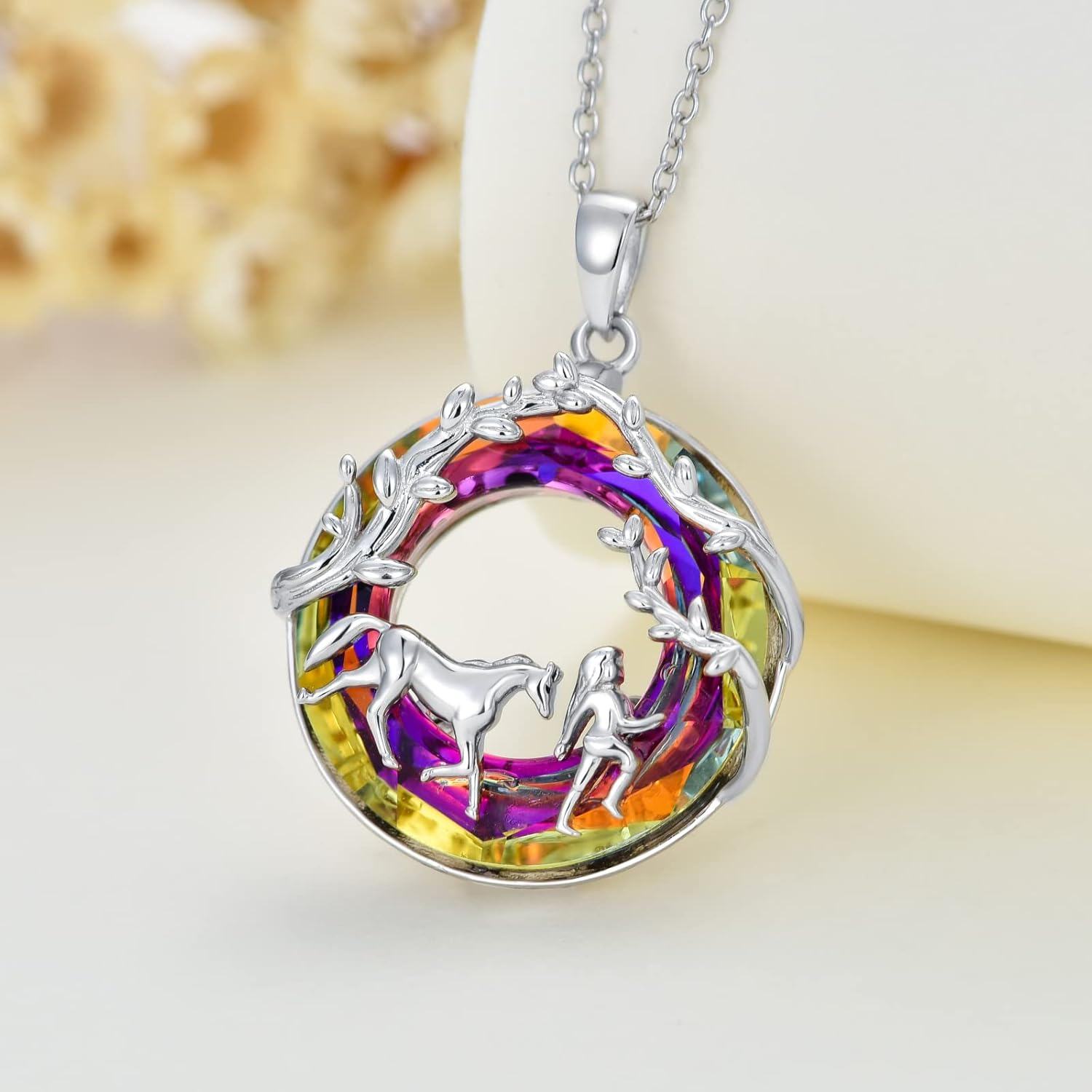 wholesale 925 Sterling Silver Rainbow Crystal Horse & Girl Pendant Necklace for Women-0-5