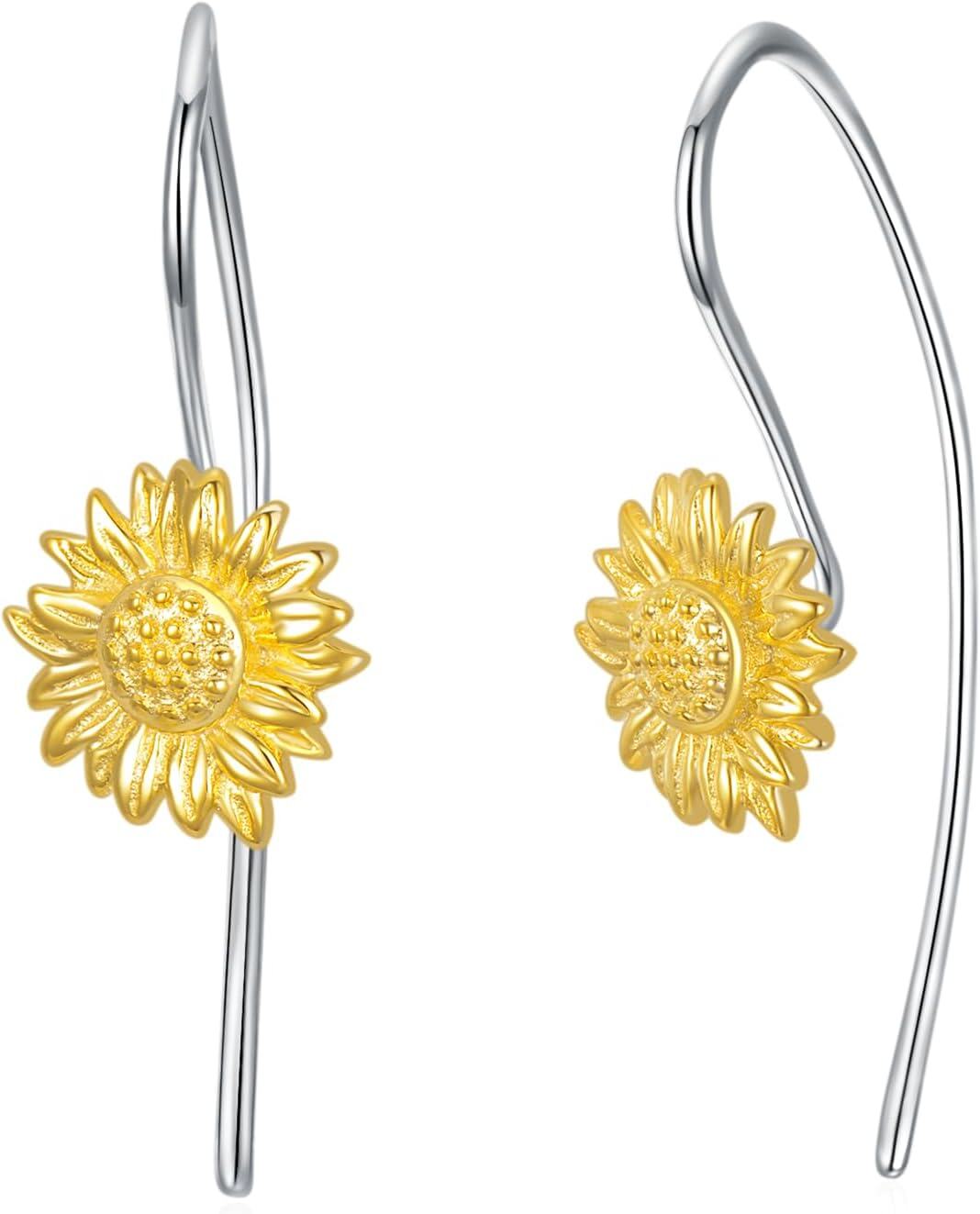 925 Sterling Silver Gold Plated Sunflower Drop Earrings for Women Floral  Ideas-0-0