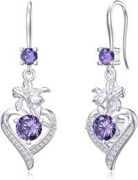 wholesale 925 Sterling Silver Purple Heart-Shaped Floral Drop Earrings with Crystal Accents-Iris