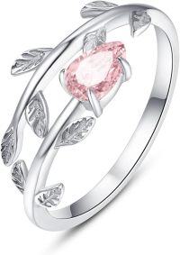 wholesale 925 Sterling Silver Stone Adjustable Leaf Birthstone Open Ring for Women-Pink