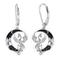 wholesale 925 Sterling Silver Phoenix Bird Drop Earrings with Black Crystal Accents-Phoenix