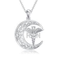 wholesale 925 Sterling Silver Crescent Moon Pendant With Caduceus And Rn Letters-Celtic Moon RN Necklace