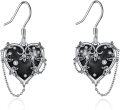 wholesale 925 Sterling Silver Gothic Black Heart Drop Earrings with Chain and Floral Details-0-0
