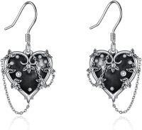 wholesale 925 Sterling Silver Gothic Black Heart Drop Earrings with Chain and Floral Details-Heart