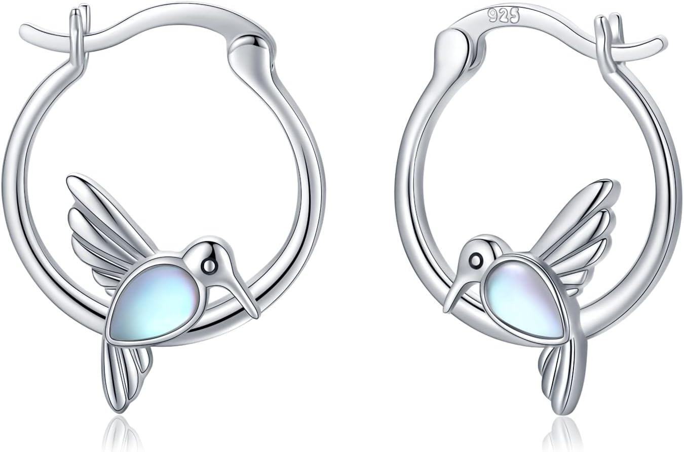  Sterling Silver Hypoallergenic Panda Unicorn Hummingbird Dolphin Huggie Hoop Earrings for Sensitive Ears -Hummingbird