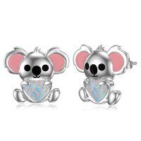wholesale 925 Sterling Silver Platinum Plated Cute Koala Opal Heart Stud Earrings-Koala