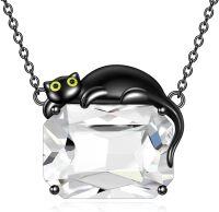 wholesale 925 Sterling Silver Square Crystal Black Cat Pendant Necklace for Women Gifts-Black Cat