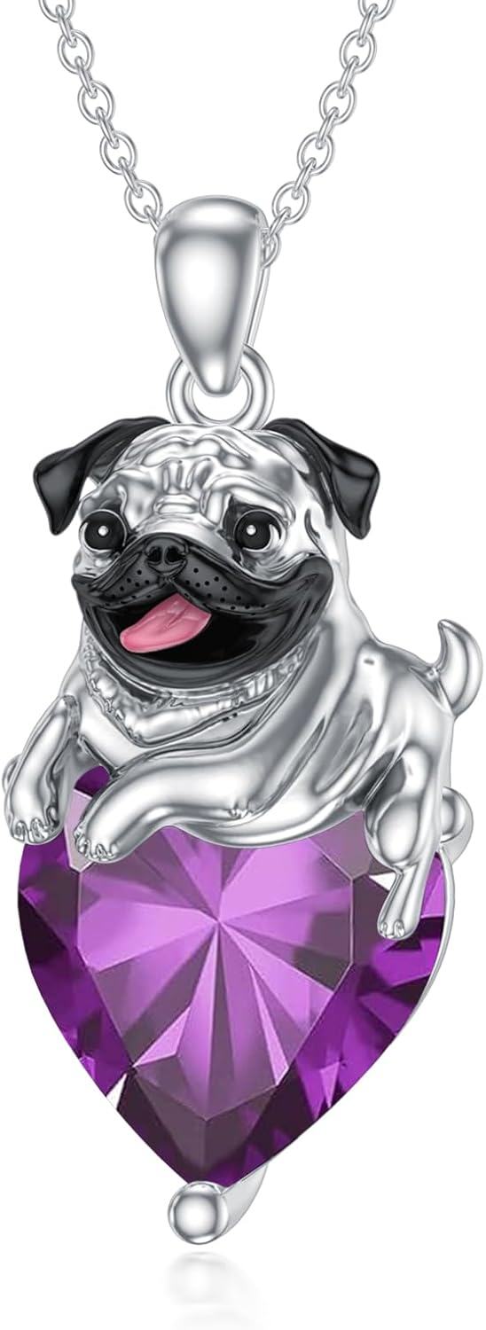 Sterling Silver Birthstone Pug Necklace for Women Dog Lovers-02-Feb-Amethyst