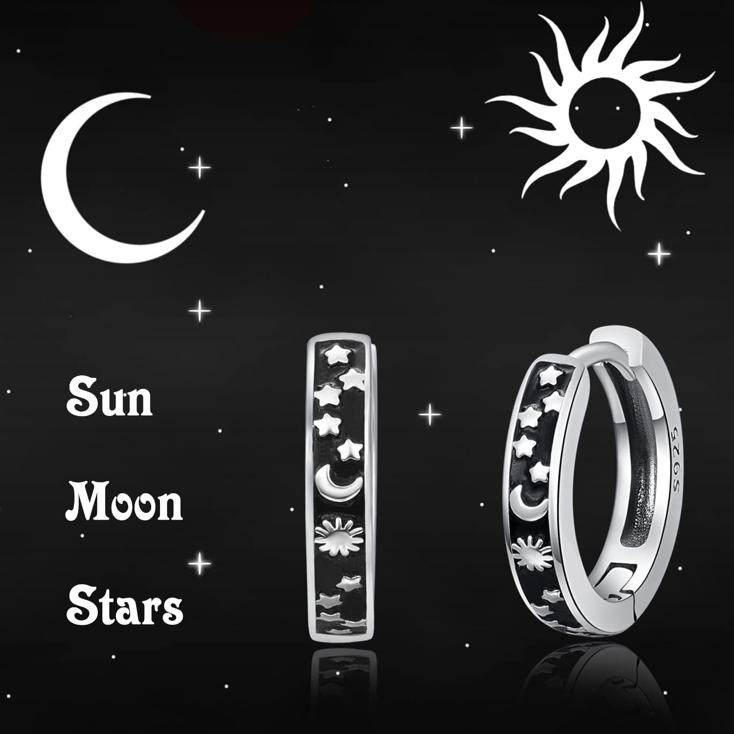 Sterling Silver Celestial Star Moon Earrings for Men Women Small Hoop Huggie Jewelry-0-6