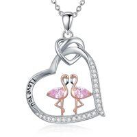wholesale 925 Sterling Silver Heart Necklace Wholesale With Love You Inscription And Pink Flamingo Charm-Flamingo-2
