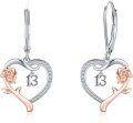wholesale 925 Sterling Silver Rose Flower Heart Leverback Dangle Earrings with Number 13 Charm for Women-0-0