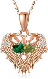 wholesale Sterling Silver 2 Birthstones Angel Wings Necklace for Women-05-08-May-Aug