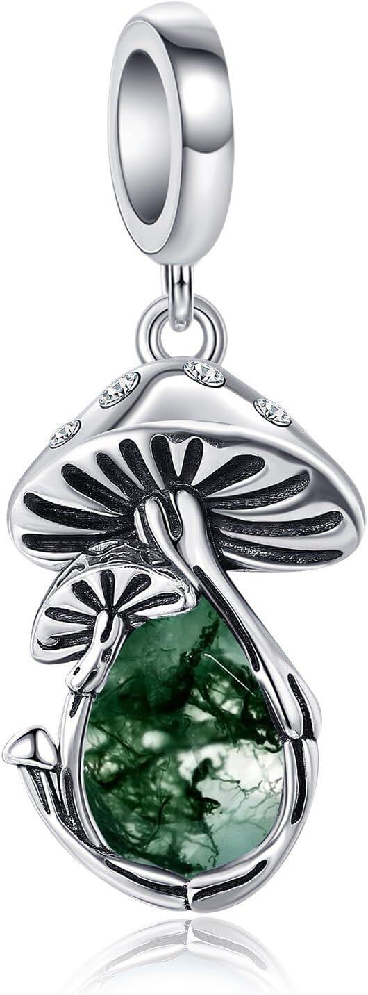 Sterling Silver Mushroom Fairy Flamigo Skull Butterfly Charm Bead Bracelet for Women Mom-Mushroom Moss Agate