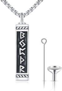 wholesale 925 Sterling Silver  Rectangle Cremation Urn Keepsake Pendant with Funnel and Chain-A5-Viking Runes Urn Necklace