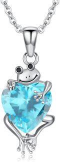 wholesale 925 Sterling Silver Blue Topaz Heart-Shaped Frog Pendant Necklace with Black CZ Eyes - Birthday s for Her-0-0