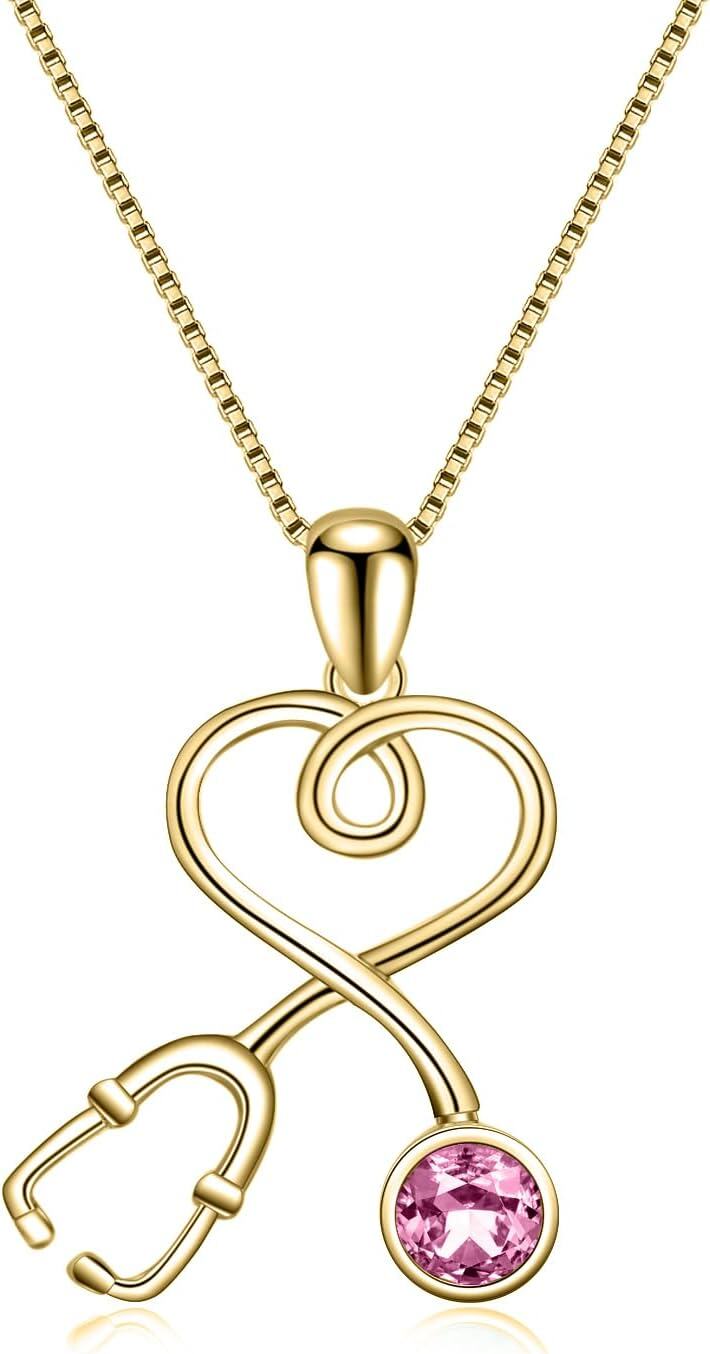 wholesale 925 Sterling Silver Plated Gold Infinity Heart Stethoscope Pendant Necklace with Cubic Zirconia Accent for Nurses Doctors Gifts-Pink