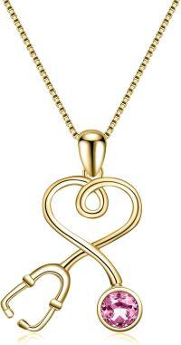 wholesale 14k Gold Plated Sterling Silver Birthstone Crystal Stethoscope Necklace-Pink