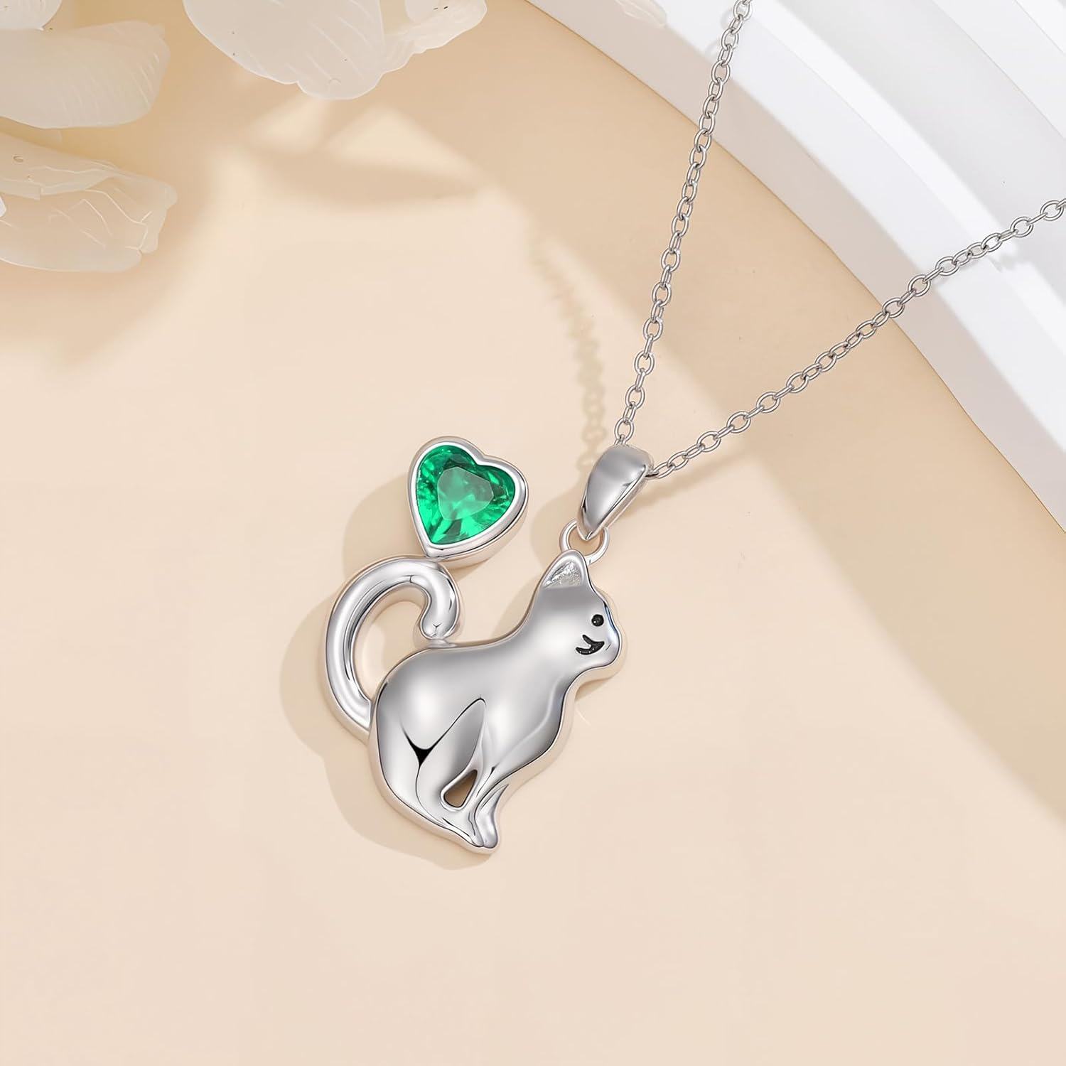 925 Sterling Silver Birthstone Cat Pendant Necklace for Women-0-3